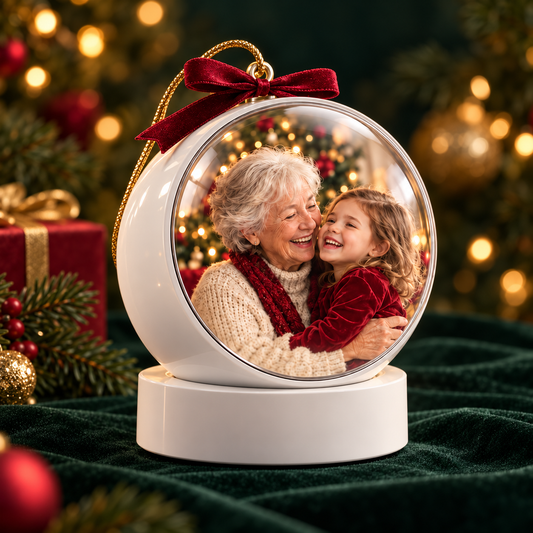 White memory bauble displaying a family moment in a Christmas setting